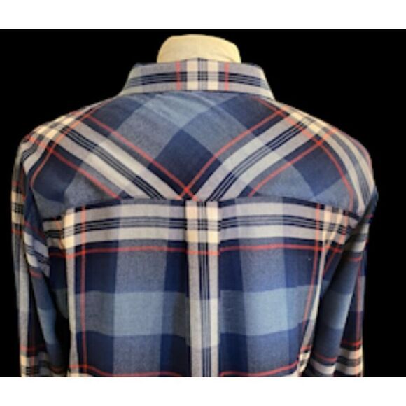 Dylan Plaid Button Front Blouse Fringe Hem Roll Up Sleeves Sz. L Packable - Picture 12 of 16